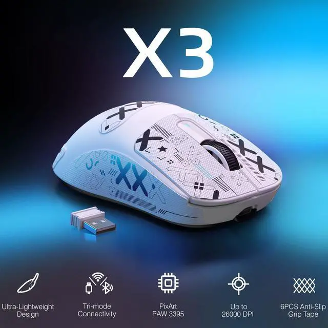 Alt view image 2 of 7 - ATTACK SHARK X3 Lightweight Wireless Gaming Mouse, 49g Tri-Mode Bluetooth/2.4G/USB-C Wired Mouse, PAW3395 26K DPI Sensor, 200h Battery Life, Programmable Buttons, Griptape for PC/Laptop/Mac