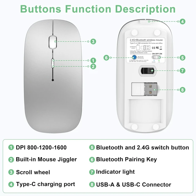 Alt view image 7 of 7 - S1 Wireless Mouse for Mac/MacBook Air/Pro & iPad, Bluetooth Rechargeable Mouse with Type-C, Slim Mouse Jiggler for Laptop, 4 Connection Modes, Silent Click, 1600 DPI Compatible Mac OS/Windows