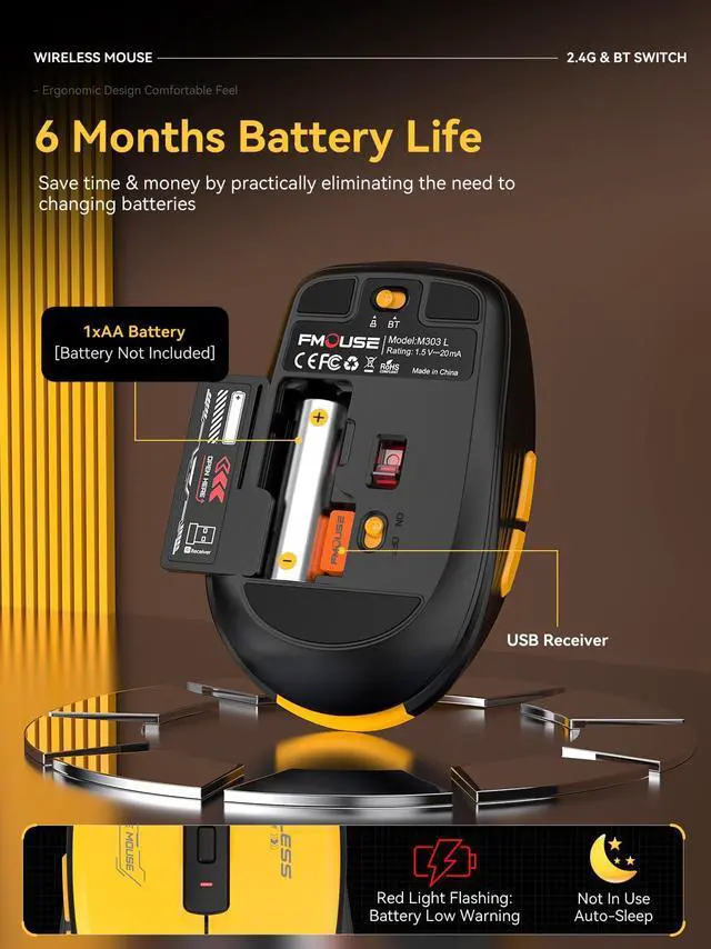Alt view image 3 of 7 - Wireless Mouse, Bluetooth & 2.4GHz Dual Mode, No Charging Needed (AA Battery), Silent Click, Side Shortcut Keys, 4-Level DPI, Compact for MacBook Laptop iPad PC Yellow & Black