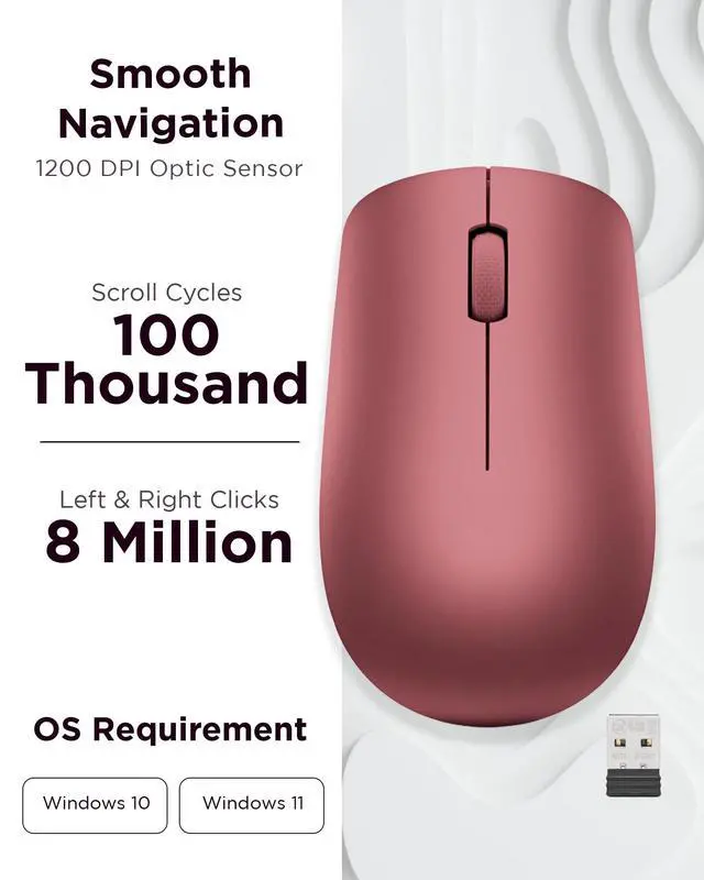 Alt view image 3 of 7 - 530 Full Size Wireless Computer Mouse for PC, Laptop, Computer with Windows - 2.4 GHz Nano USB Receiver - Ambidextrous Design - 12 Months Battery Life - Cherry Red
