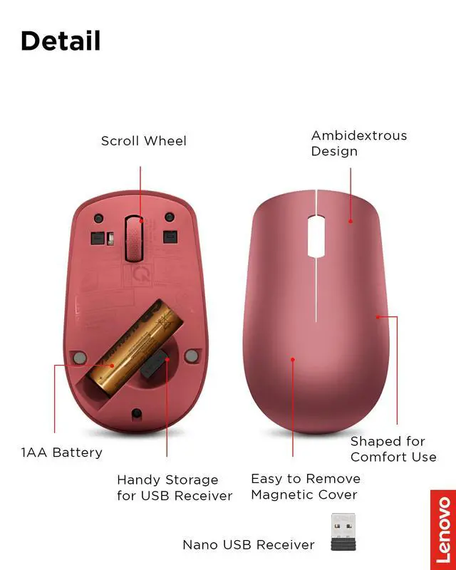 Alt view image 6 of 7 - 530 Full Size Wireless Computer Mouse for PC, Laptop, Computer with Windows - 2.4 GHz Nano USB Receiver - Ambidextrous Design - 12 Months Battery Life - Cherry Red