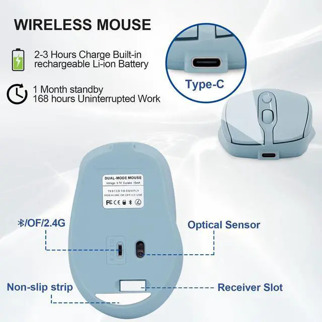 Alt view image 4 of 7 - Rechargeable Wireless Bluetooth Mouse, Silent, Portable Slim Computer Mouse (Blue) for Laptop/iPad/MacBook Pro/Air, PC/Surface Pro/Lenovo/Samsung Table