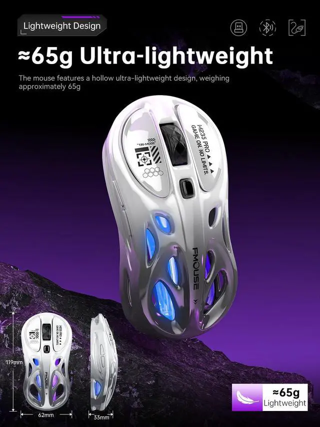 Alt view image 3 of 6 - Wireless Mouse Tri-Mode 2.4G & Dual Bluetooth & Wired, Hollow RGB, 65g, 4800 DPI, USB-C Rechargeable, Gaming & Office, for Mac Laptop iPad PC White & Gray