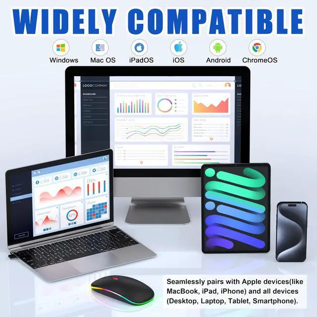 Alt view image 2 of 7 - LED Bluetooth Mouse for iPad/MacBook Air/Laptop, Built-in Mouse Jiggler, Rechargeable Silent Wireless Mouse with USB-C, 4-Mode Multi-Device Mouse for macOS/iOS/Windows/Android, Black