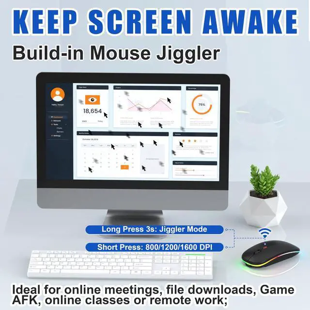 Alt view image 3 of 7 - LED Bluetooth Mouse for iPad/MacBook Air/Laptop, Built-in Mouse Jiggler, Rechargeable Silent Wireless Mouse with USB-C, 4-Mode Multi-Device Mouse for macOS/iOS/Windows/Android, Black