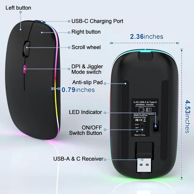Alt view image 7 of 7 - LED Bluetooth Mouse for iPad/MacBook Air/Laptop, Built-in Mouse Jiggler, Rechargeable Silent Wireless Mouse with USB-C, 4-Mode Multi-Device Mouse for macOS/iOS/Windows/Android, Black