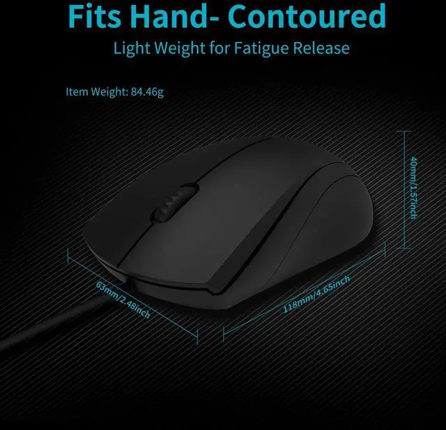 Alt view image 7 of 7 - Silent Wired Mouse, 1000 DPI 5ft Cord Quiet Button Optical Computer Mouse, Left Right Hand Use, for Laptop Chromebook Mac Notebook, Matte Black