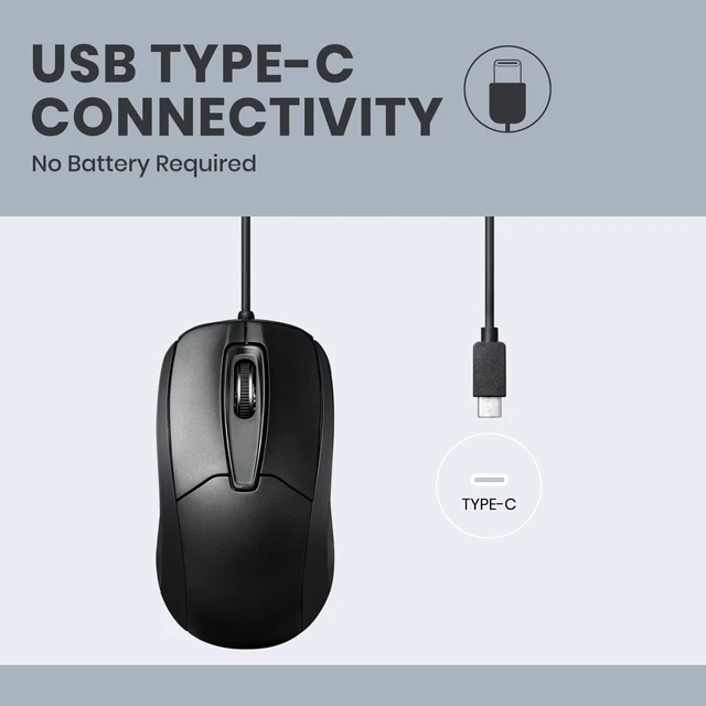 Alt view image 3 of 6 - PERIMICE-209C USB Type C Wired Optical Mouse - 5.9 Ft Cable - 1000 DPI - Black, (11994)