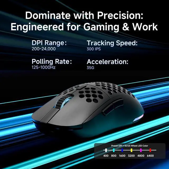 Alt view image 4 of 7 - M1 Wireless Gaming Mouse, 24000DPI, 180Hrs Battery, 16.8M RGB, 6 Programmable Buttons, Lightweight, Tri-Mode (2.4G/BT5.2/USB-C) for PC/Mac/Laptop - Black