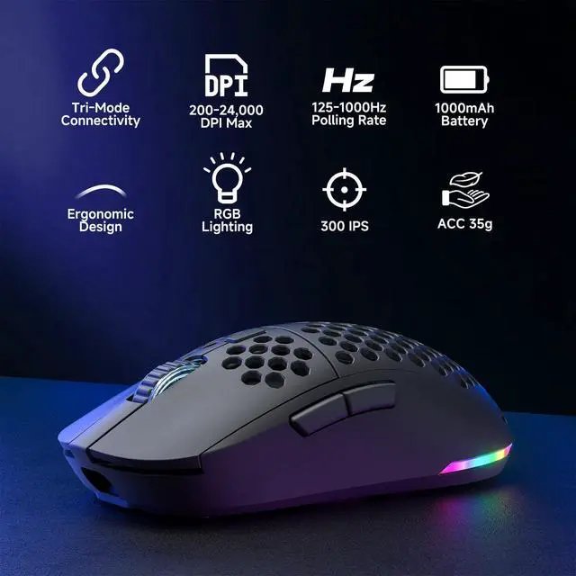 Alt view image 2 of 7 - M1 Wireless Gaming Mouse, 24000DPI, 180Hrs Battery, 16.8M RGB, 6 Programmable Buttons, Lightweight, Tri-Mode (2.4G/BT5.2/USB-C) for PC/Mac/Laptop - Black