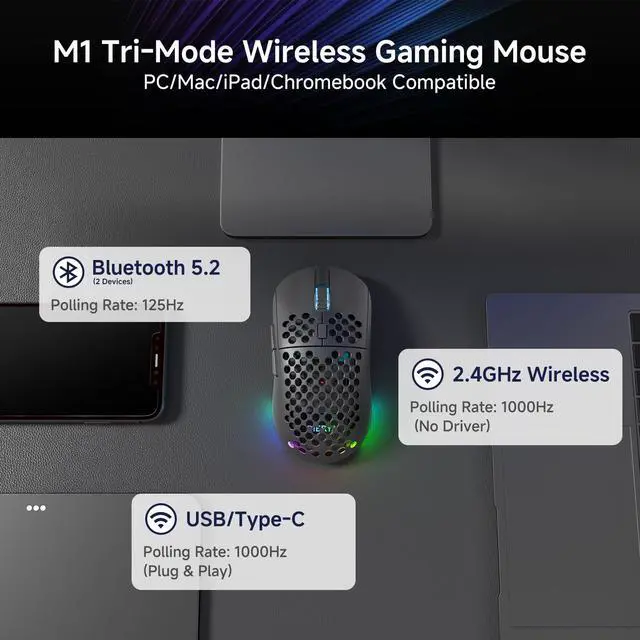 Alt view image 3 of 7 - M1 Wireless Gaming Mouse, 24000DPI, 180Hrs Battery, 16.8M RGB, 6 Programmable Buttons, Lightweight, Tri-Mode (2.4G/BT5.2/USB-C) for PC/Mac/Laptop - Black