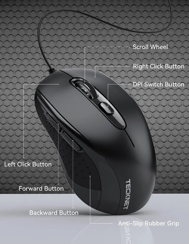 Alt view image 2 of 7 - Wired Mouse, USB Wired Computer Mice, 3600DPI 4 Adjustable Levels, 6-Button Ergonomic Mouse for Laptop PC Desktop Notebook - Black