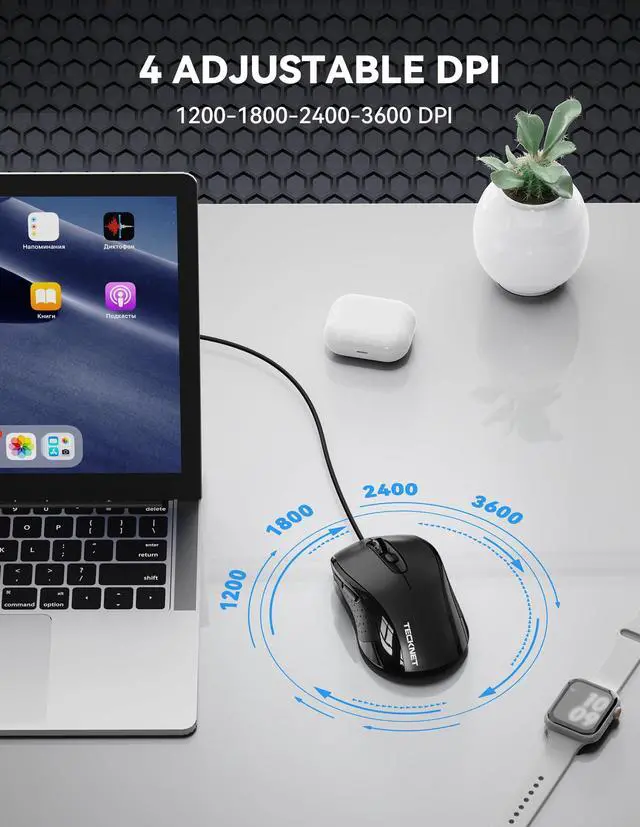 Alt view image 3 of 7 - Wired Mouse, USB Wired Computer Mice, 3600DPI 4 Adjustable Levels, 6-Button Ergonomic Mouse for Laptop PC Desktop Notebook - Black