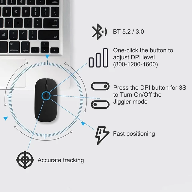 Alt view image 4 of 6 - Wireless Mouse for MacBook Air iMac Mac Pro Laptop Desktop Computer, Rechargeable Silent Wireless Mouse USB C with Jiggler for Surface Pro (Bluetooth 5.2/3.0, 2.4G USB A, Type-C Receiver)