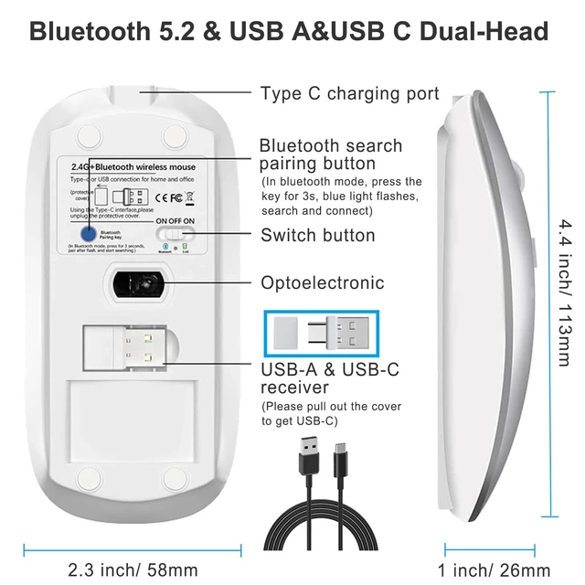 Alt view image 5 of 6 - Wireless Mouse for MacBook Air iMac Mac Pro Laptop Desktop Computer, Rechargeable Silent Wireless Mouse USB C with Jiggler for Surface Pro (Bluetooth 5.2/3.0, 2.4G USB A, Type-C Receiver)