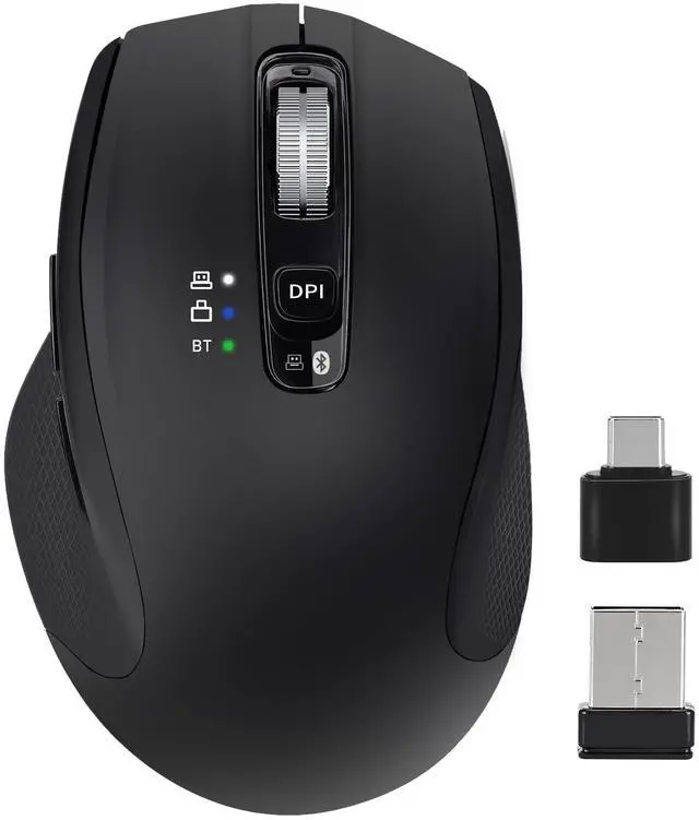 Main image of Wireless Bluetooth Mouse with USB-A, USB-C Receiver, Rechargeable, 3-Device, Full-Size, Silent Click, Ergonomic Mice for MacBook/Laptop/Computer/Tablet/PC/iPad-Black