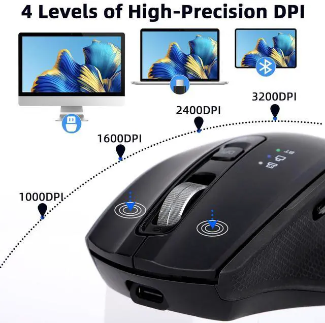 Alt view image 3 of 7 - Wireless Bluetooth Mouse with USB-A, USB-C Receiver, Rechargeable, 3-Device, Full-Size, Silent Click, Ergonomic Mice for MacBook/Laptop/Computer/Tablet/PC/iPad-Black