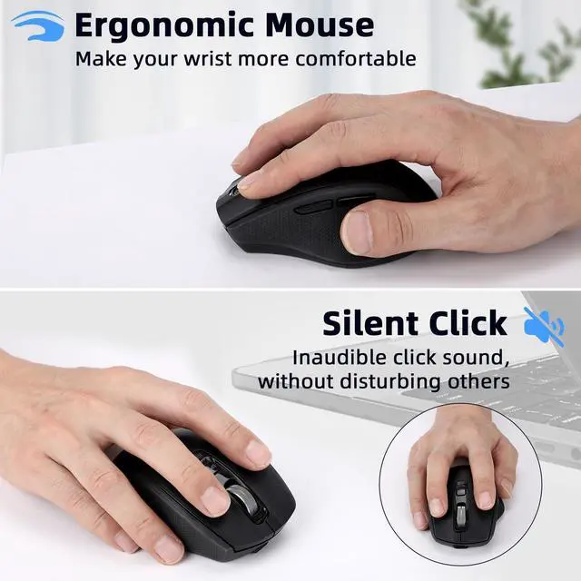 Alt view image 2 of 7 - Wireless Bluetooth Mouse with USB-A, USB-C Receiver, Rechargeable, 3-Device, Full-Size, Silent Click, Ergonomic Mice for MacBook/Laptop/Computer/Tablet/PC/iPad-Black