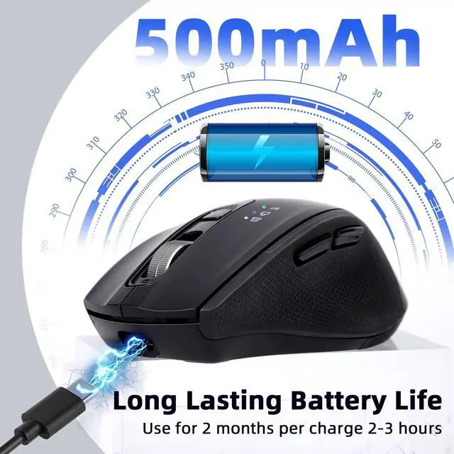 Alt view image 4 of 7 - Wireless Bluetooth Mouse with USB-A, USB-C Receiver, Rechargeable, 3-Device, Full-Size, Silent Click, Ergonomic Mice for MacBook/Laptop/Computer/Tablet/PC/iPad-Black