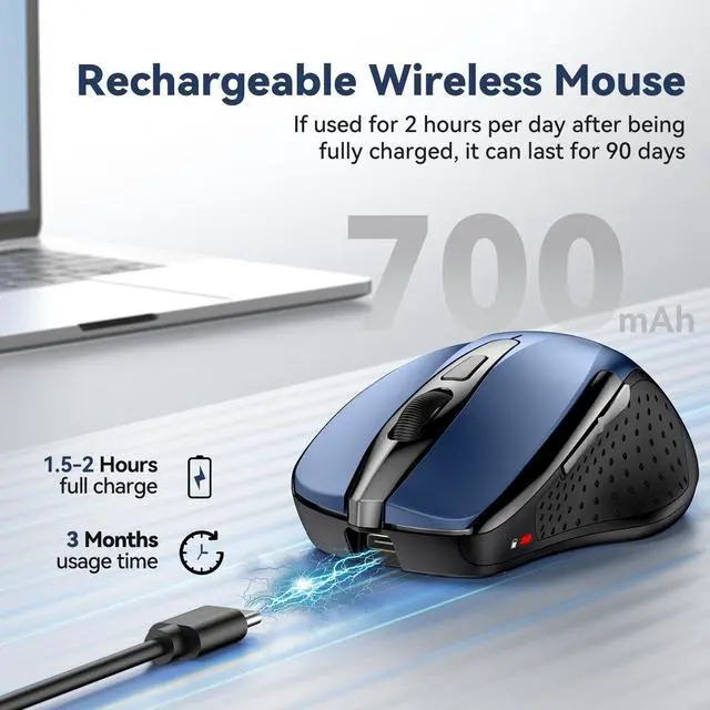 Alt view image 3 of 7 - Bluetooth Mouse (BT5.0/3.0 & 2.4G) Rechargeable Wireless Mouse, 4800 DPI Optical Tracking, 6 Adjustable DPI, 2.4GHz with USB A Receiver, Quiet Clicks, Ergonomic Grips, 6 Buttons - Blue