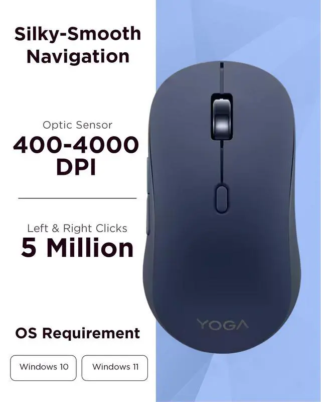 Alt view image 4 of 7 - Yoga Bluetooth Silent Mouse, 3 Level DPI Adjustment, 36 Month Battery Life, Bluetooth 5.3, 3 Device Paring, Whisper Quiet, Programmable Buttons, Smooth Finish, Cosmic Blue
