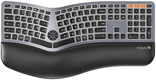 Main image of EK01 Plus Backlit Bluetooth Ergonomic Keyboard, Full Size, Grey | Adjustable brightness, split design, cushioned wrist rest, connect 3 devices via Bluetooth/2.4G, 2000mAh USB-C rechargeable.