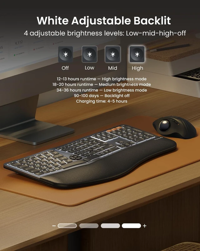 Alt view image 3 of 7 - EK01 Plus Backlit Bluetooth Ergonomic Keyboard, Full Size, Grey | Adjustable brightness, split design, cushioned wrist rest, connect 3 devices via Bluetooth/2.4G, 2000mAh USB-C rechargeable.