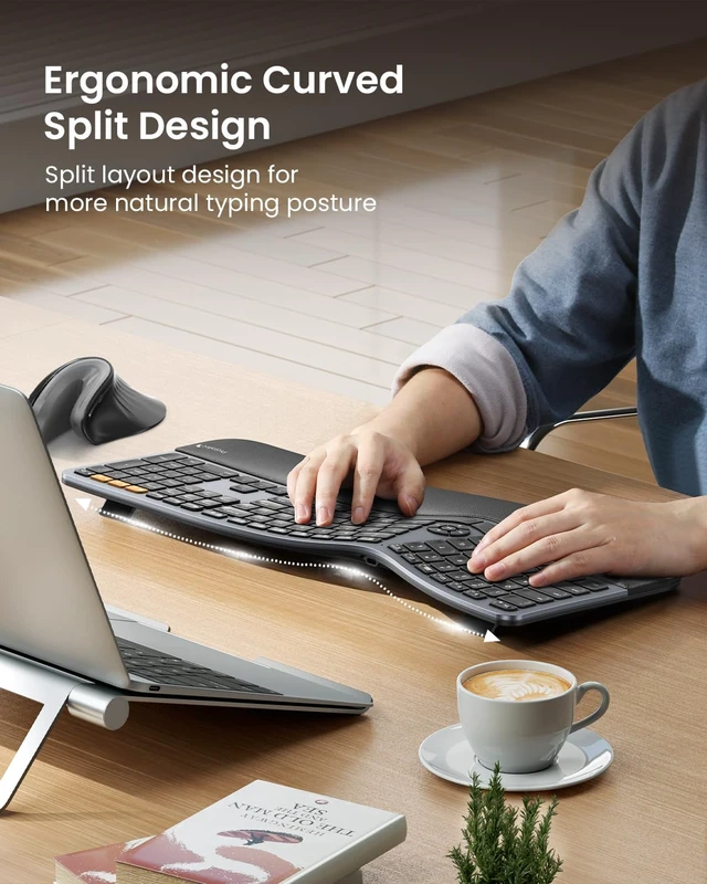 Alt view image 2 of 7 - EK01 Plus Backlit Bluetooth Ergonomic Keyboard, Full Size, Grey | Adjustable brightness, split design, cushioned wrist rest, connect 3 devices via Bluetooth/2.4G, 2000mAh USB-C rechargeable.