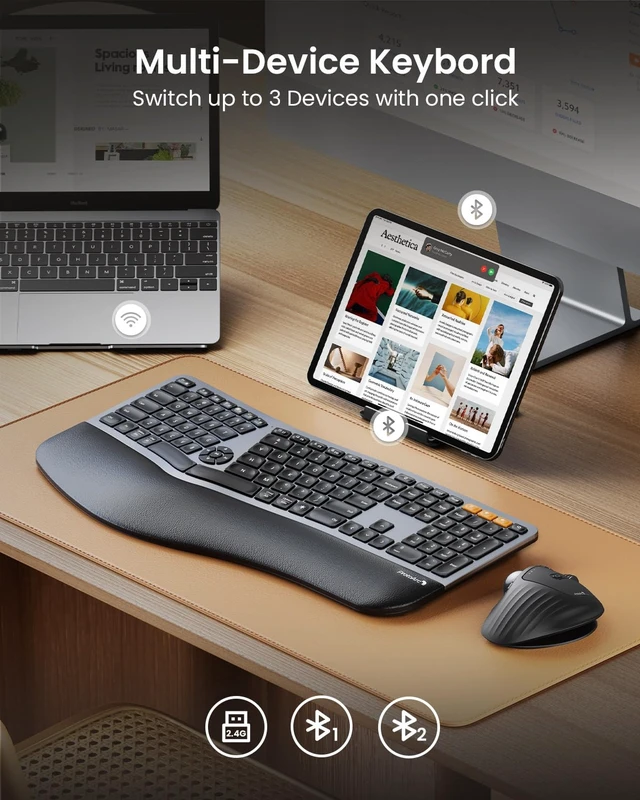 Alt view image 4 of 7 - EK01 Plus Backlit Bluetooth Ergonomic Keyboard, Full Size, Grey | Adjustable brightness, split design, cushioned wrist rest, connect 3 devices via Bluetooth/2.4G, 2000mAh USB-C rechargeable.