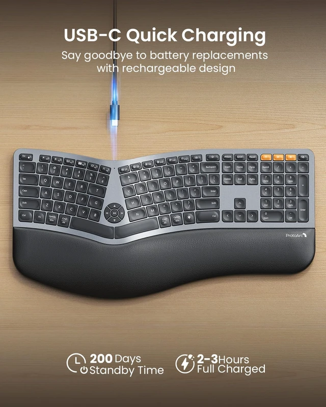 Alt view image 5 of 7 - EK01 Plus Backlit Bluetooth Ergonomic Keyboard, Full Size, Grey | Adjustable brightness, split design, cushioned wrist rest, connect 3 devices via Bluetooth/2.4G, 2000mAh USB-C rechargeable.