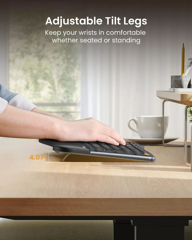 Alt view image 6 of 7 - EK01 Plus Backlit Bluetooth Ergonomic Keyboard, Full Size, Grey | Adjustable brightness, split design, cushioned wrist rest, connect 3 devices via Bluetooth/2.4G, 2000mAh USB-C rechargeable.