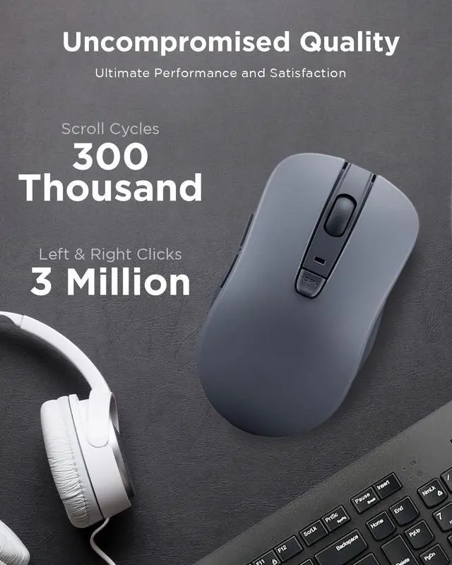 Alt view image 3 of 7 - Bluetooth Silent Mouse (WL300) - 5 Button Computer Mouse with Silent Left & Right Click Sculpted Grip, Microsoft Swift Pair, Up to 1600 DPI (Grey)