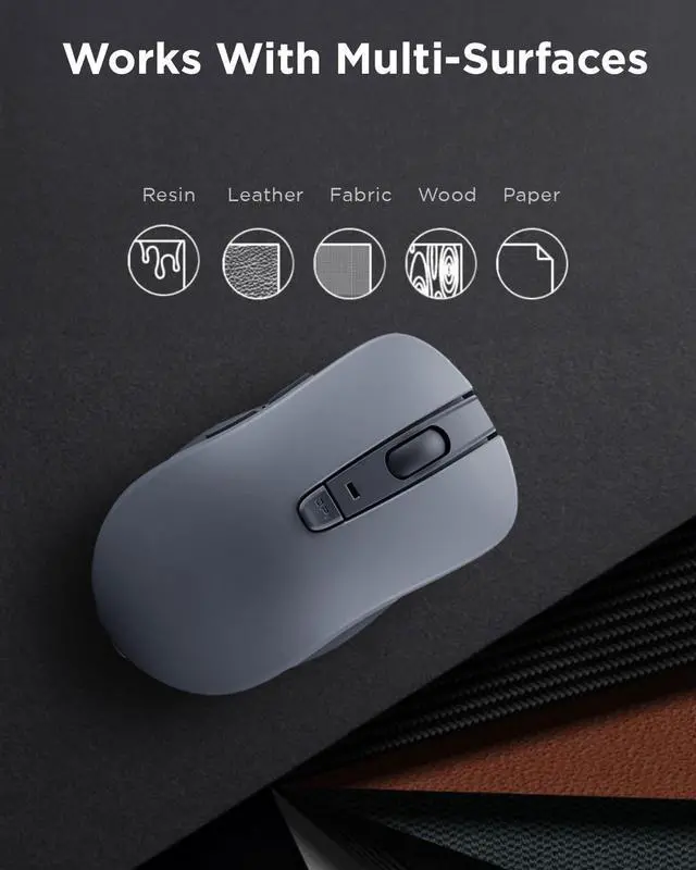 Alt view image 6 of 7 - Bluetooth Silent Mouse (WL300) - 5 Button Computer Mouse with Silent Left & Right Click Sculpted Grip, Microsoft Swift Pair, Up to 1600 DPI (Grey)