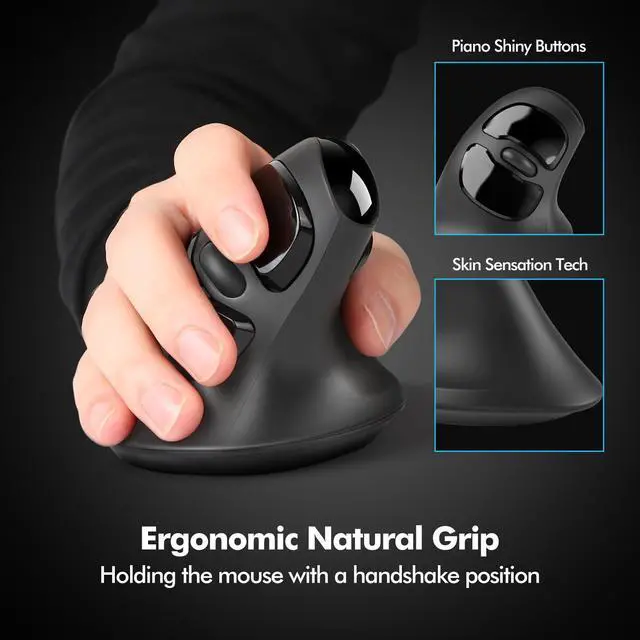Alt view image 4 of 7 - MicroPack Ergonomic Mouse, Vertical Wireless Mouse with USB A & Type-C Receiver, Ergo Design Reduces Muscle Strain, 6 Buttons 800/1200/1600 DPI Mouse for Windows, Mac, PC, Laptop, Black