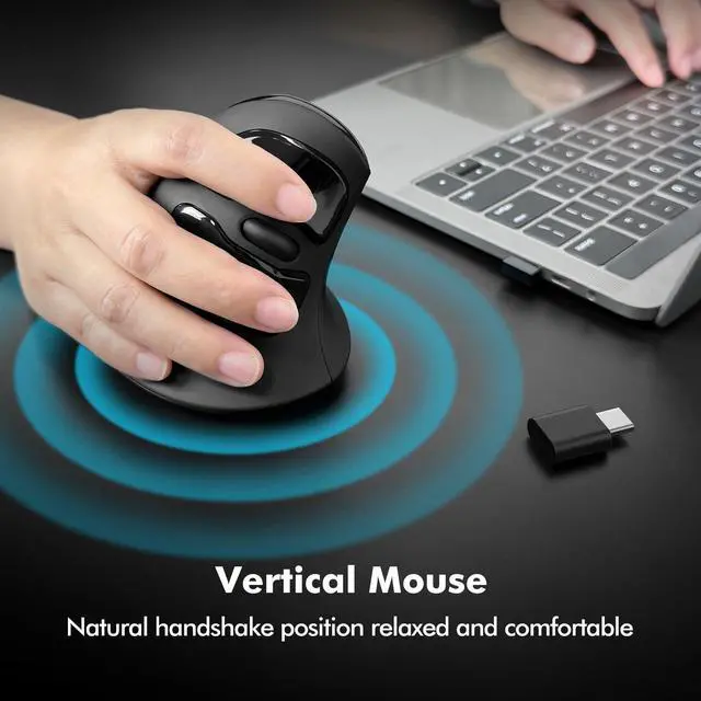 Alt view image 6 of 7 - MicroPack Ergonomic Mouse, Vertical Wireless Mouse with USB A & Type-C Receiver, Ergo Design Reduces Muscle Strain, 6 Buttons 800/1200/1600 DPI Mouse for Windows, Mac, PC, Laptop, Black