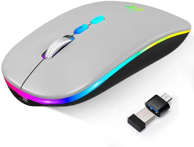 Main image of LED Wireless Mouse, Slim Rechargeable Bluetooth Mouse, 2.4G Portable USB Optical Wireless Computer Mice with USB Receiver and Type C Adapter (Grey)