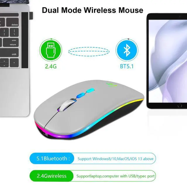 Alt view image 4 of 7 - LED Wireless Mouse, Slim Rechargeable Bluetooth Mouse, 2.4G Portable USB Optical Wireless Computer Mice with USB Receiver and Type C Adapter (Grey)