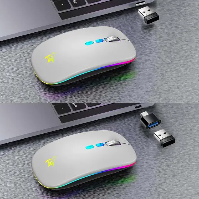 Alt view image 5 of 7 - LED Wireless Mouse, Slim Rechargeable Bluetooth Mouse, 2.4G Portable USB Optical Wireless Computer Mice with USB Receiver and Type C Adapter (Grey)