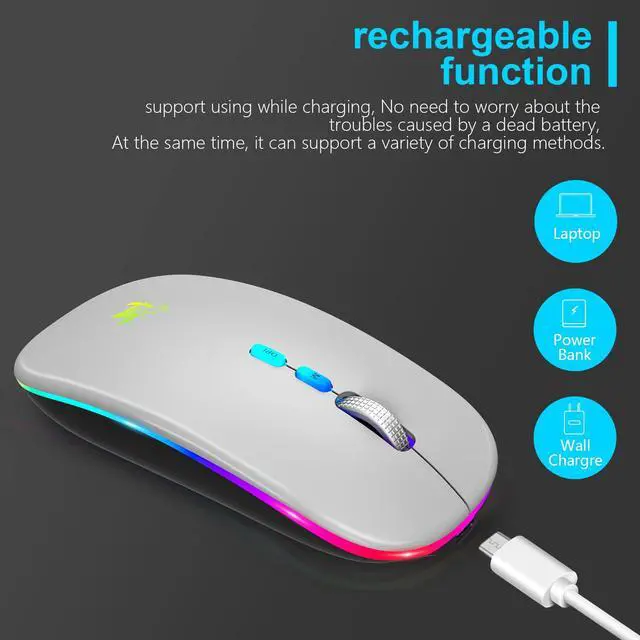 Alt view image 6 of 7 - LED Wireless Mouse, Slim Rechargeable Bluetooth Mouse, 2.4G Portable USB Optical Wireless Computer Mice with USB Receiver and Type C Adapter (Grey)