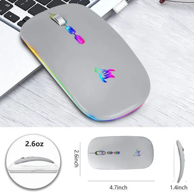 Alt view image 7 of 7 - LED Wireless Mouse, Slim Rechargeable Bluetooth Mouse, 2.4G Portable USB Optical Wireless Computer Mice with USB Receiver and Type C Adapter (Grey)