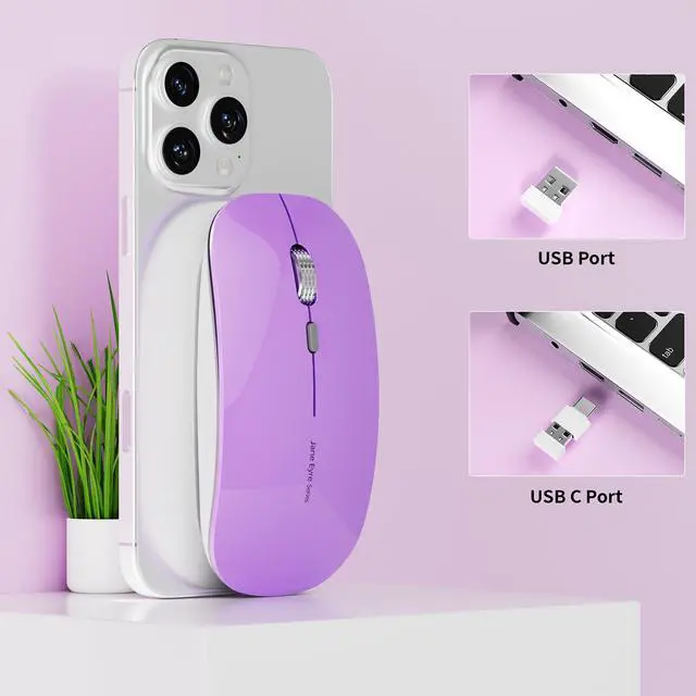 Alt view image 2 of 7 - Q5 Slim Rechargeable Wireless Mouse, 2.4G Portable Optical Silent Ultra Thin Wireless Computer Mouse with USB Receiver and Type C Adapter, Compatible with PC, Laptop, Desktop (Purple)