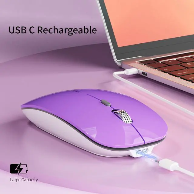 Alt view image 3 of 7 - Q5 Slim Rechargeable Wireless Mouse, 2.4G Portable Optical Silent Ultra Thin Wireless Computer Mouse with USB Receiver and Type C Adapter, Compatible with PC, Laptop, Desktop (Purple)