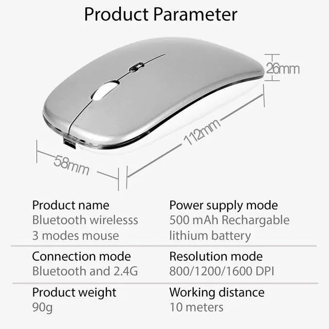 Alt view image 7 of 7 - Wireless Bluetooth Rechargeable Mouse/Mice, LED Slim Two Modes(2.4G+BT5.4) Silent/Quiet Buttons with 3 Adjustable DPI, for Computer/Desktop/PC/Laptop/MacBook/iPad/Tablet/iPhone_DeepGray
