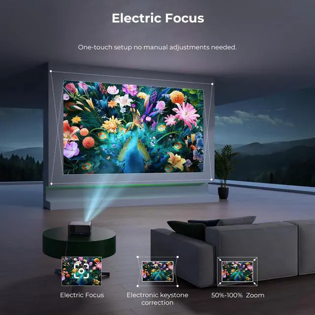 Alt view image 4 of 7 - Mini Projector with WiFi and Bluetooth, Compatible with Netflix/YouTube/PrimeVideo, Electric Focus & Keystone, Short Throw Full HD 1080P Video Projector, Portable Outdoor/Indoor Use