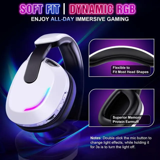 Alt view image 7 of 7 - Wireless Gaming Headset for PS5 PS4 PC Switch Mac - RGB Over-Ear Headphones with Noise Cancelling Mic, 60H Playtime, 7.1 Surround Sound, Bluetooth 5.4 & Memory Foam Ear Cushions