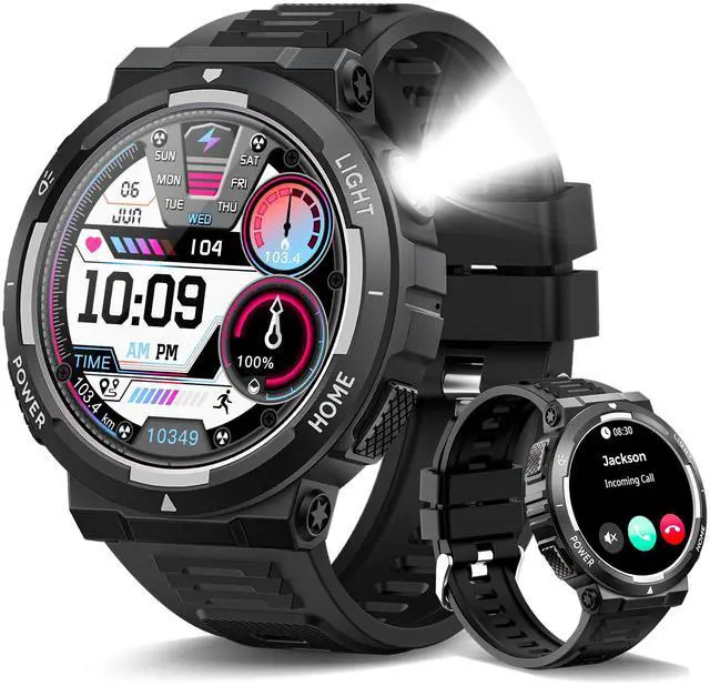 Main image of Military Smart Watch for Men(Answer/Make Call), Rugged Smartwatch with LED Flashlight/3ATM Waterproof/400mAh Battery/100+ Sports Modes/Heart Rate/Sleep Monitor, Fitness Tracker for iOS Android
