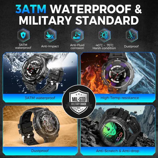 Alt view image 2 of 7 - Military Smart Watch for Men(Answer/Make Call), Rugged Smartwatch with LED Flashlight/3ATM Waterproof/400mAh Battery/100+ Sports Modes/Heart Rate/Sleep Monitor, Fitness Tracker for iOS Android