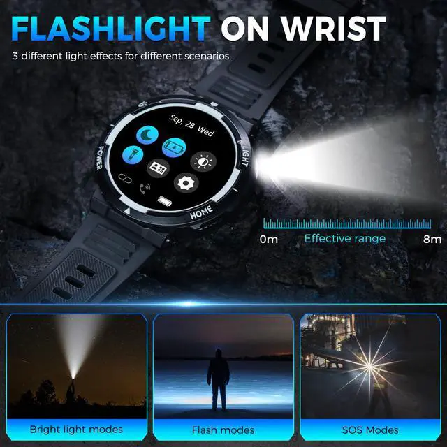 Alt view image 3 of 7 - Military Smart Watch for Men(Answer/Make Call), Rugged Smartwatch with LED Flashlight/3ATM Waterproof/400mAh Battery/100+ Sports Modes/Heart Rate/Sleep Monitor, Fitness Tracker for iOS Android