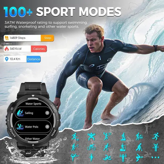 Alt view image 4 of 7 - Military Smart Watch for Men(Answer/Make Call), Rugged Smartwatch with LED Flashlight/3ATM Waterproof/400mAh Battery/100+ Sports Modes/Heart Rate/Sleep Monitor, Fitness Tracker for iOS Android