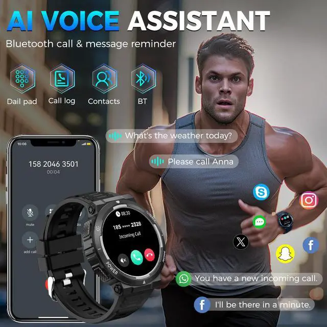 Alt view image 7 of 7 - Military Smart Watch for Men(Answer/Make Call), Rugged Smartwatch with LED Flashlight/3ATM Waterproof/400mAh Battery/100+ Sports Modes/Heart Rate/Sleep Monitor, Fitness Tracker for iOS Android